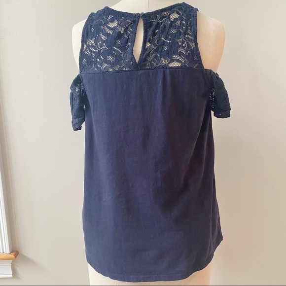 LOFT Off the Shoulder Lace Top Navy Medium - Picture 3 of 6